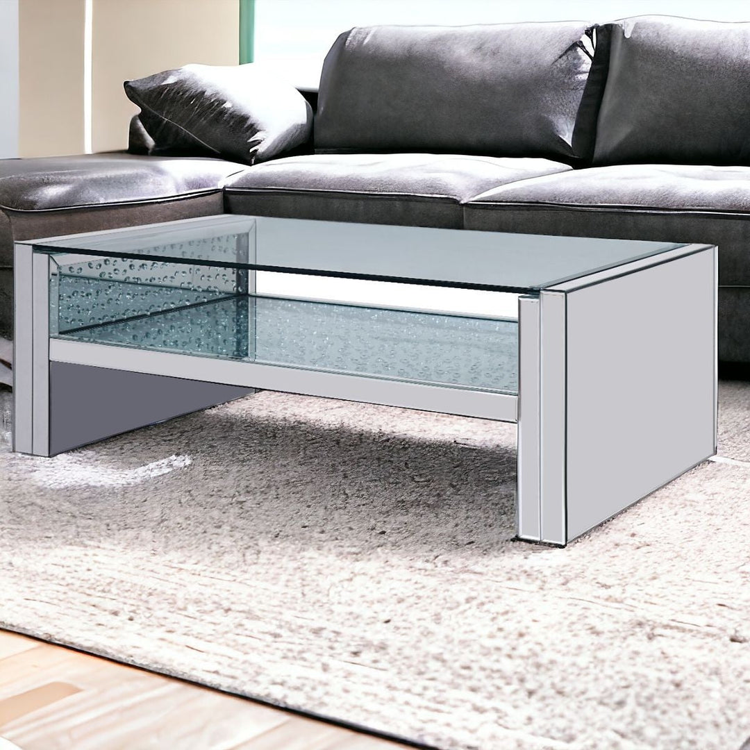 47" Clear And Silver Glass Mirrored Coffee Table With Shelf Image 5