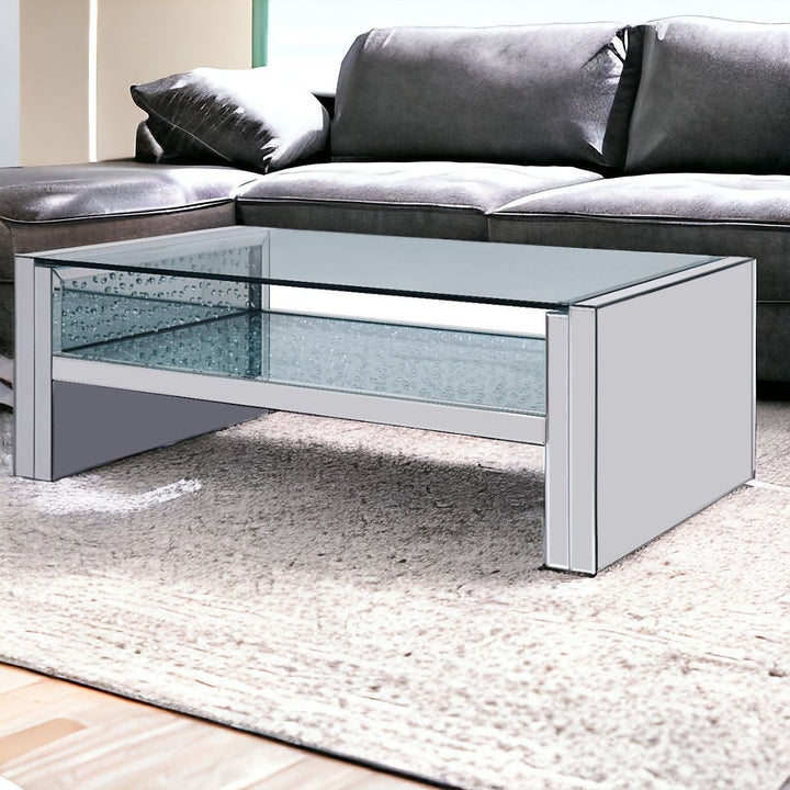 47" Clear And Silver Glass Mirrored Coffee Table With Shelf Image 5