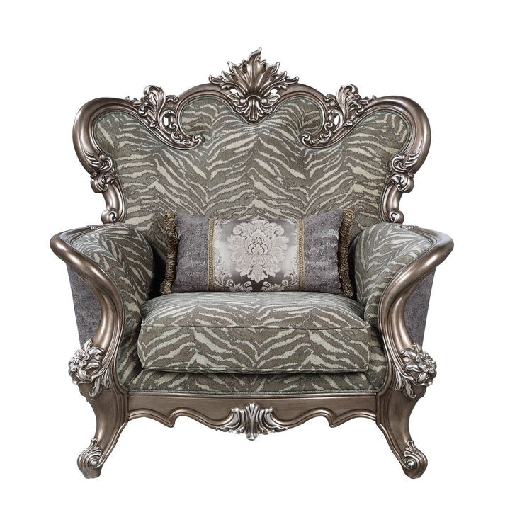 47" Gray Fabric And Antique Bronze Floral Tufted Wingback Chair Image 1