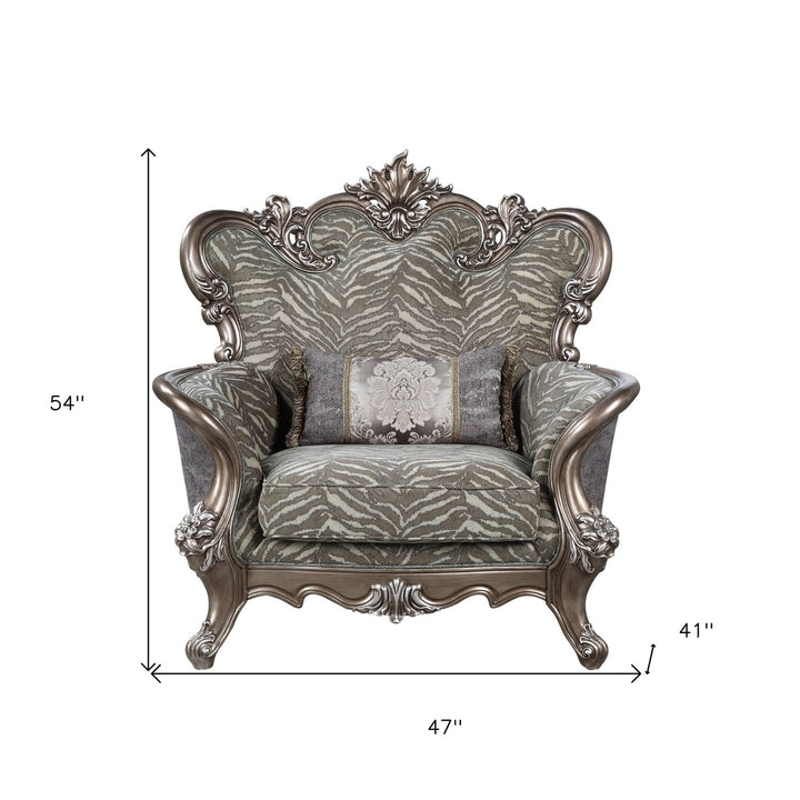 47" Gray Fabric And Antique Bronze Floral Tufted Wingback Chair Image 2