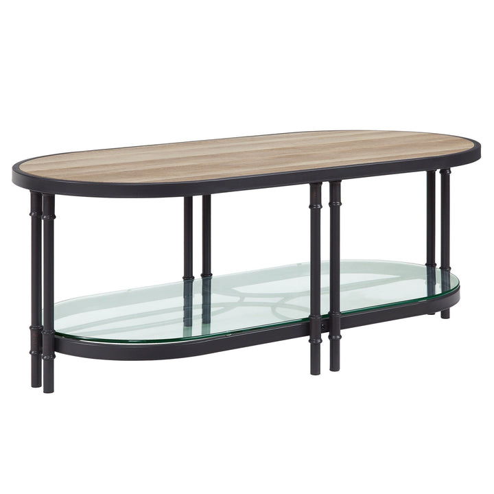 47" Sandy Black And Oak Paper Veneer And Metal Oval Coffee Table With Shelf Image 1