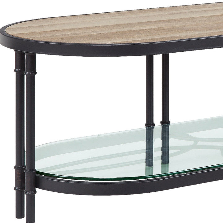 47" Sandy Black And Oak Paper Veneer And Metal Oval Coffee Table With Shelf Image 3