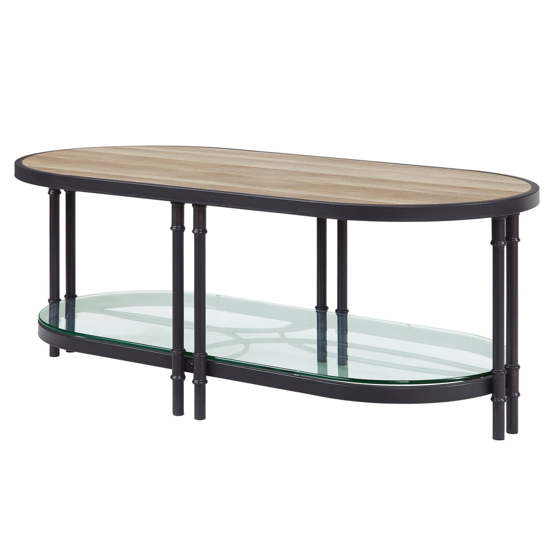 47" Sandy Black And Oak Paper Veneer And Metal Oval Coffee Table With Shelf Image 4