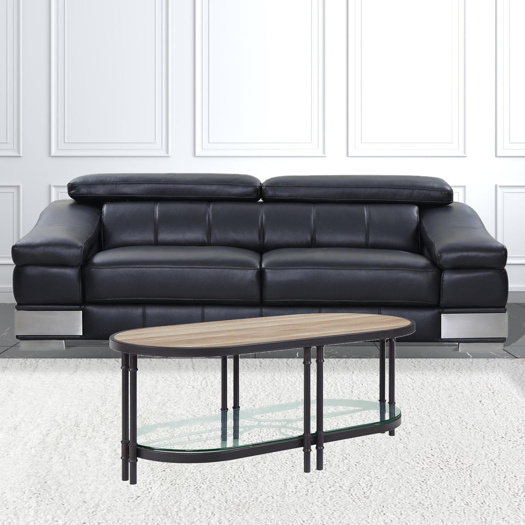 47" Sandy Black And Oak Paper Veneer And Metal Oval Coffee Table With Shelf Image 5