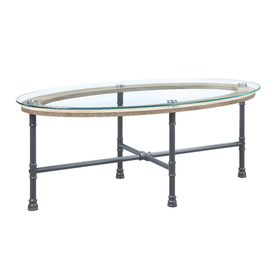 47" Sandy Gray And Clear Glass And Metal Oval Coffee Table Image 1