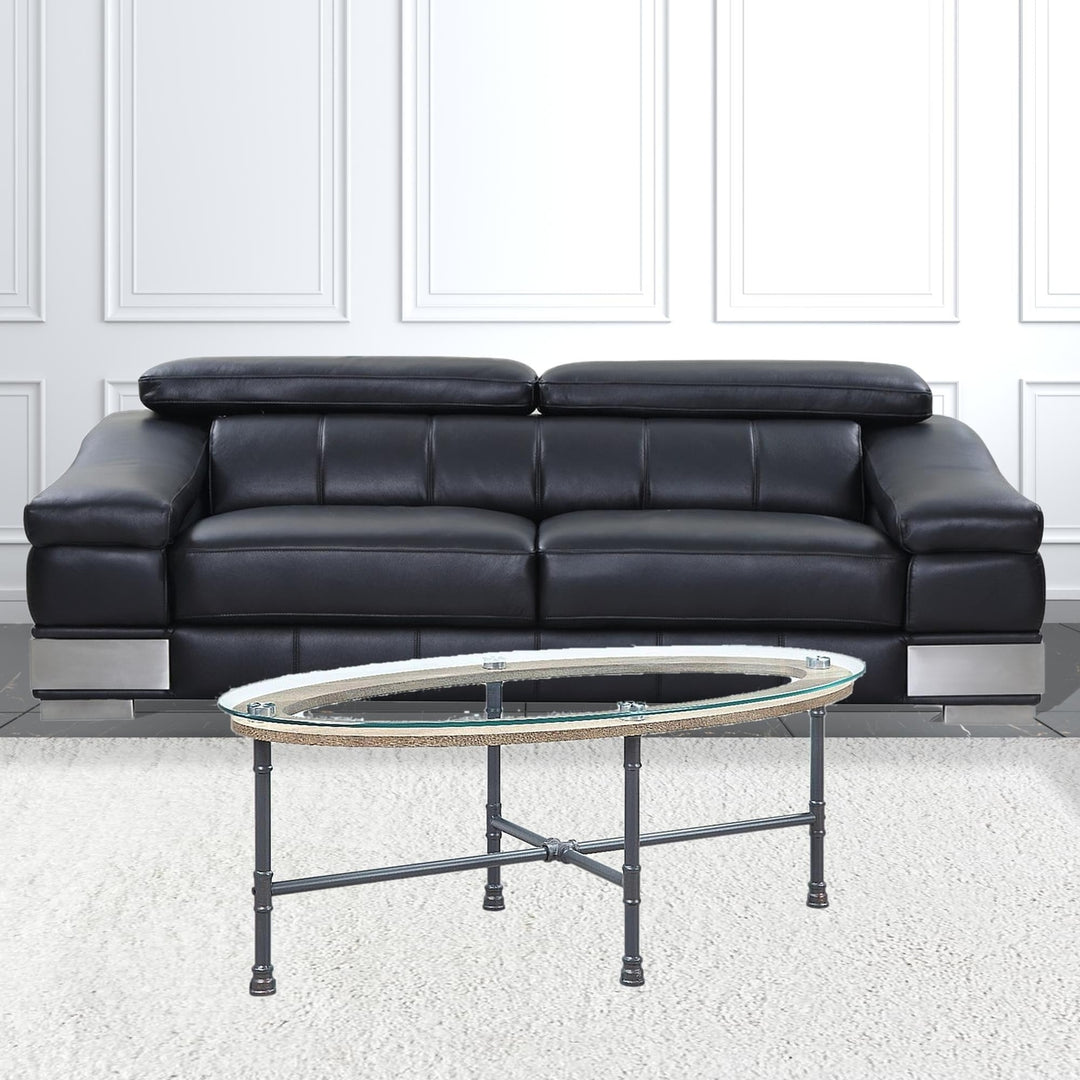 47" Sandy Gray And Clear Glass And Metal Oval Coffee Table Image 5