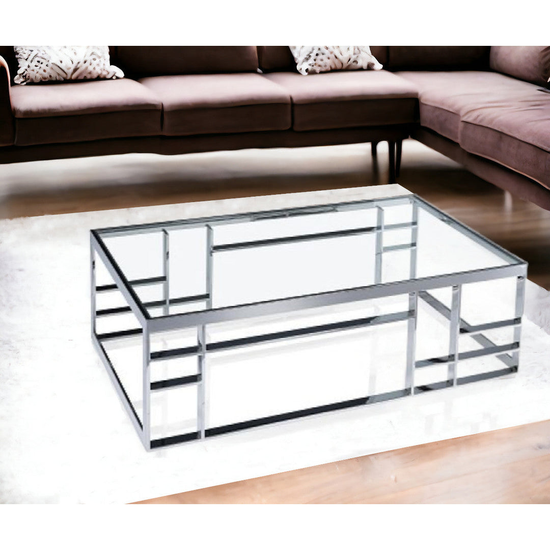 47" Silver And Clear Glass Rectangular Coffee Table Image 6