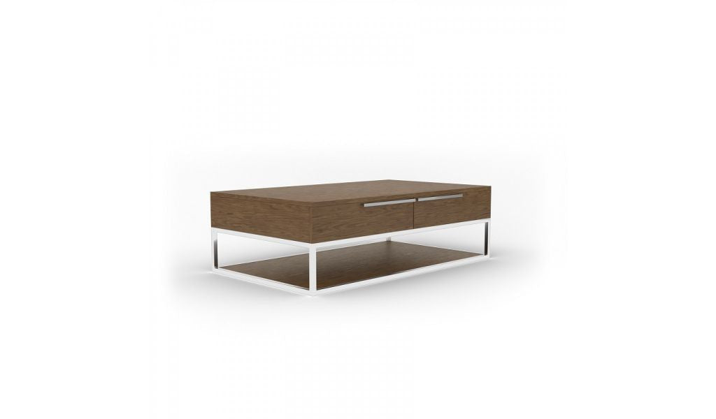 47" Silver And Walnut Rectangular Coffee Table With Two Drawers And Shelf Image 1