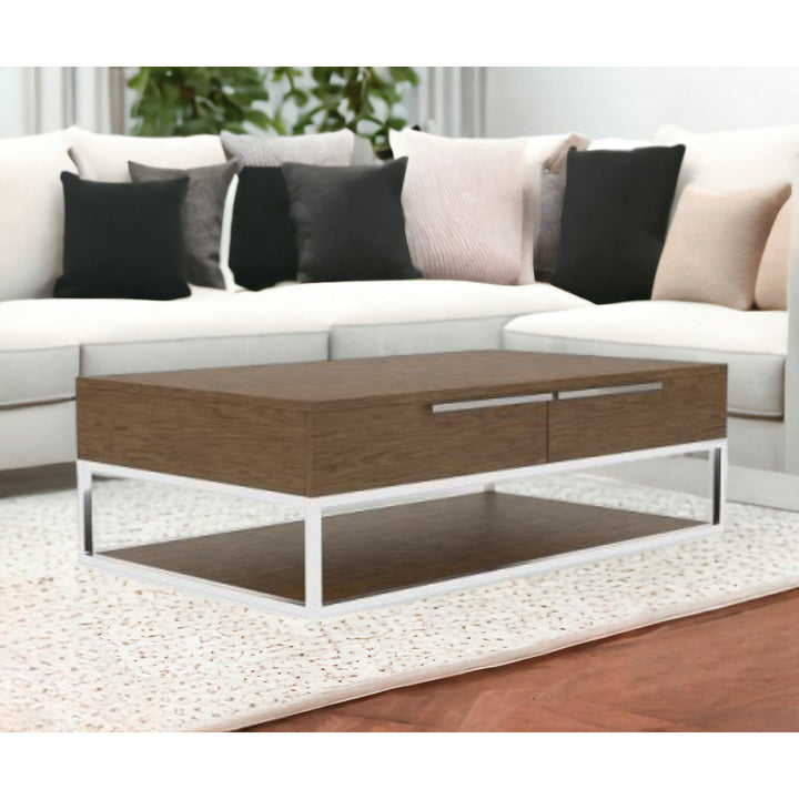 47" Silver And Walnut Rectangular Coffee Table With Two Drawers And Shelf Image 5