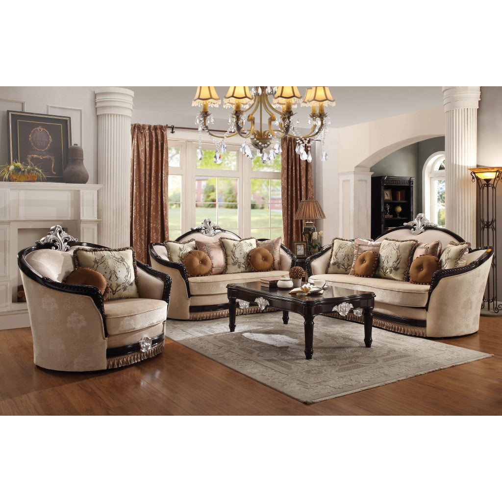 47" Tan Fabric And Black Ornate Frame Damask Arm Chair with Accent Pillows Image 2