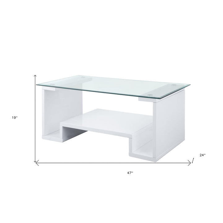 47" White And Clear Glass And Manufactured Wood Rectangular Coffee Table With Shelf Image 5