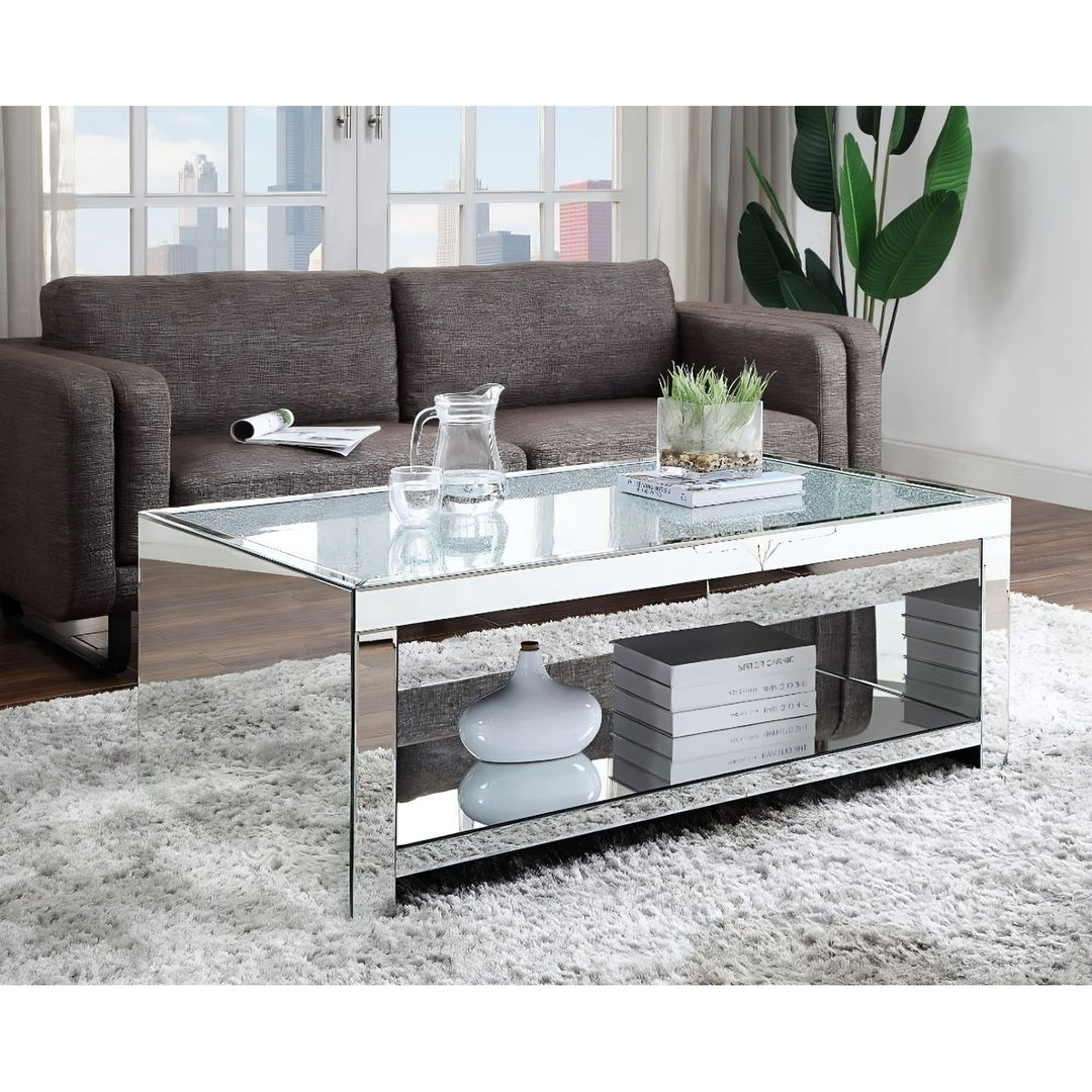 48" Silver Glass Mirrored Coffee Table With Shelf Image 6