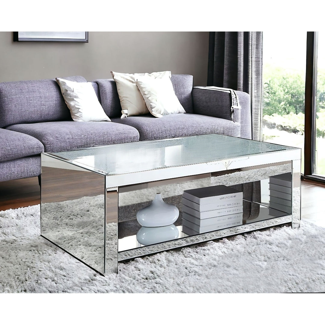 48" Silver Glass Mirrored Coffee Table With Shelf Image 7