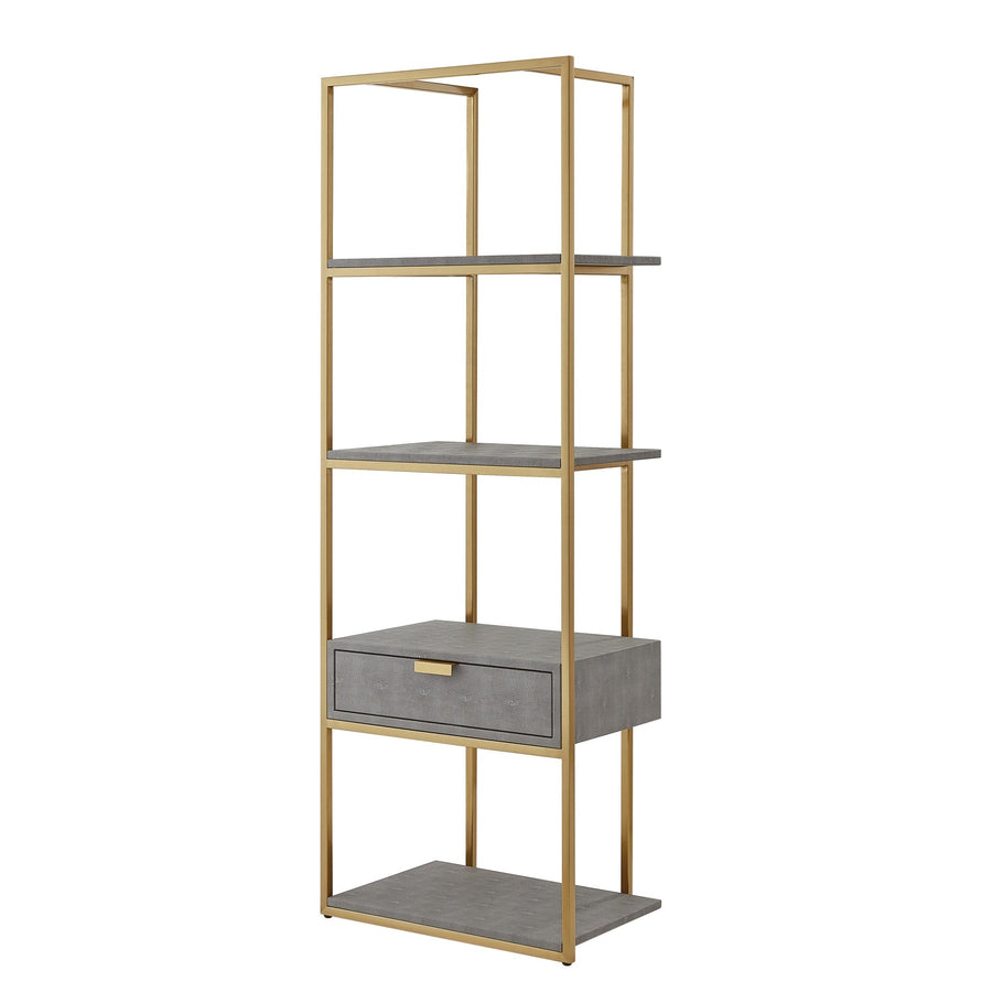 68" Navy Blue Stainless Steel Four Tier Etagere Bookcase with a drawer Image 1