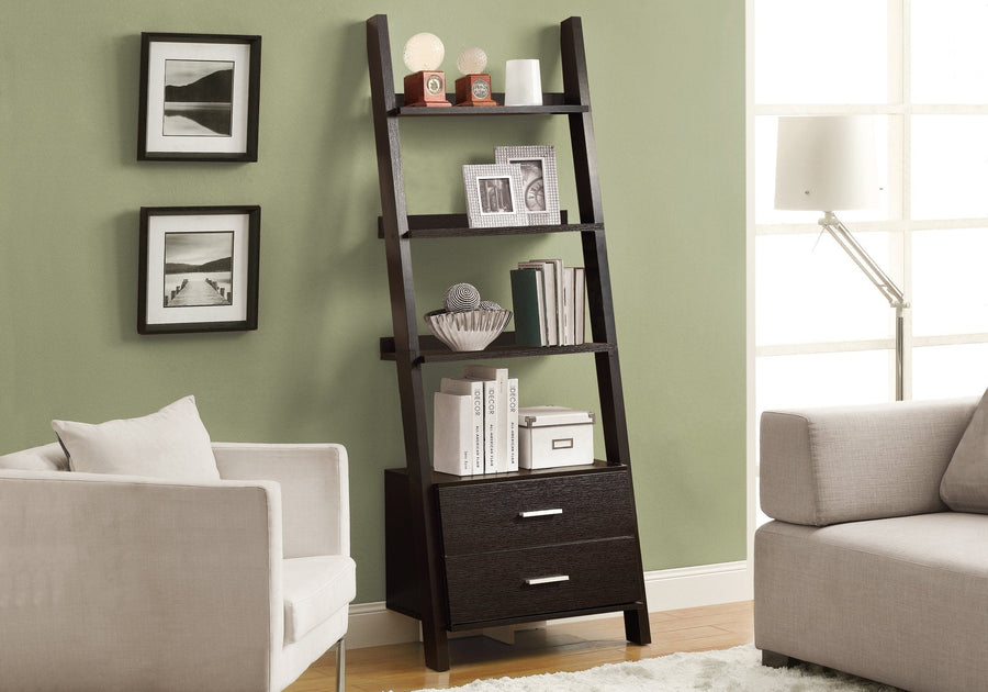 69" Gray and Black Wood Ladder Bookcase With Two drawers Image 1