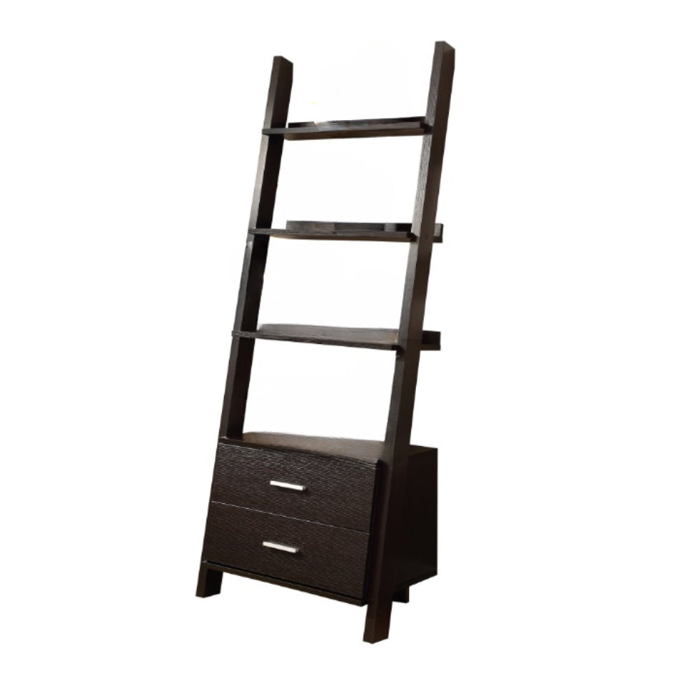 69" Gray and Black Wood Ladder Bookcase With Two drawers Image 2