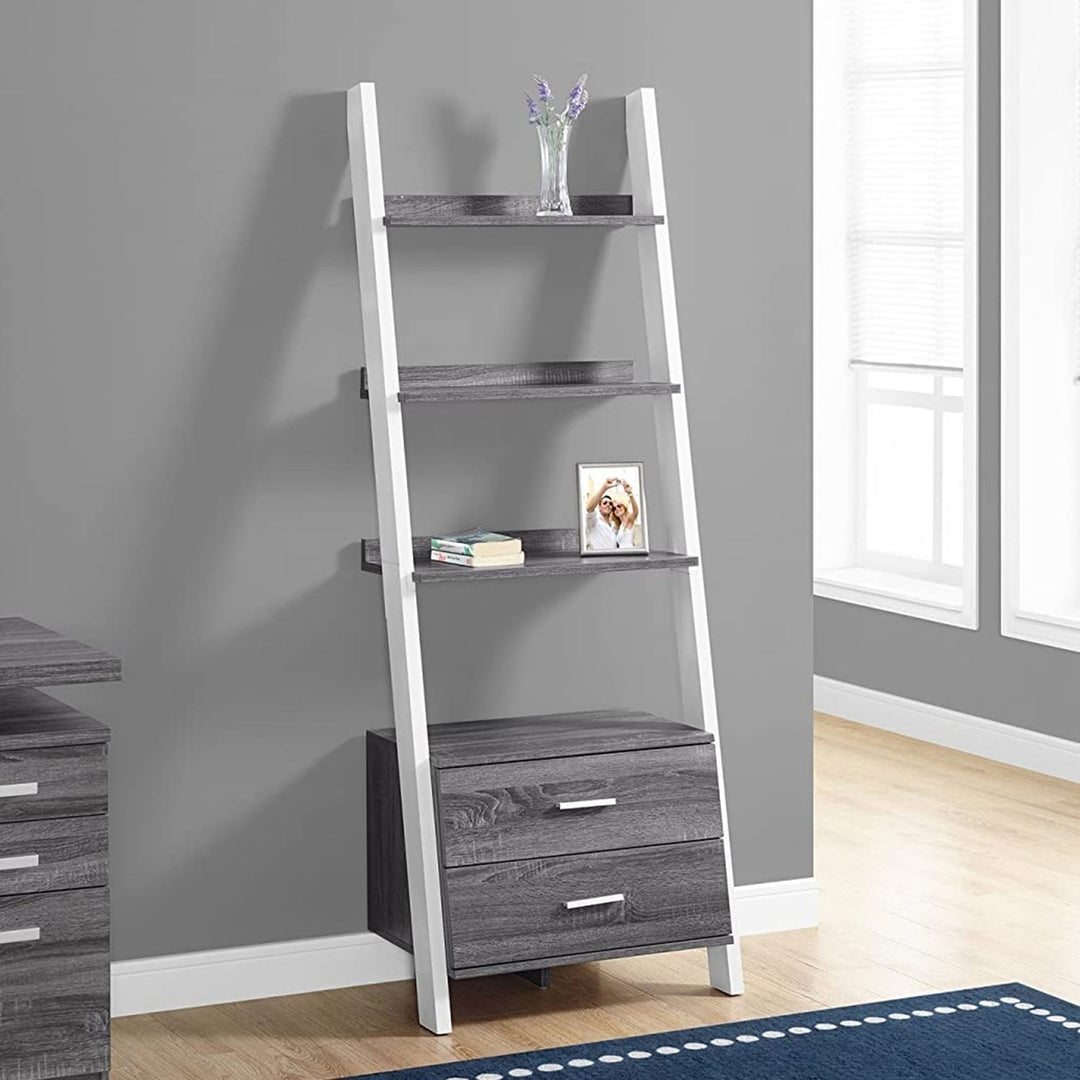 69" Gray and Black Wood Ladder Bookcase With Two drawers Image 5