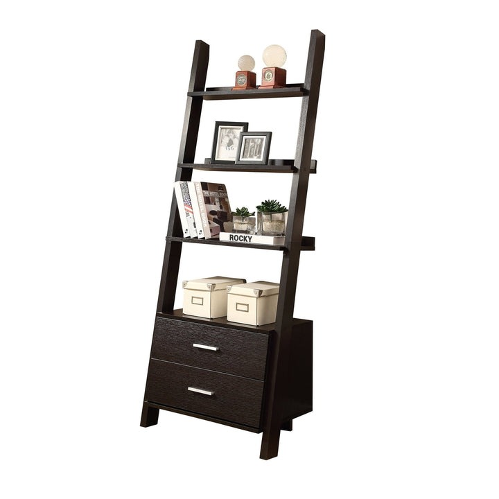 69" Gray and Black Wood Ladder Bookcase With Two drawers Image 6