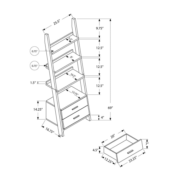 69" Gray and Black Wood Ladder Bookcase With Two drawers Image 8