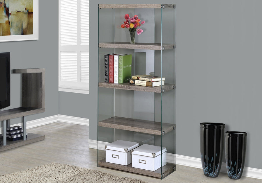 59" Brown Wood Four Tier Etagere Bookcase Image 1