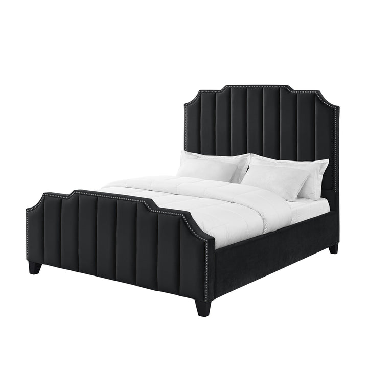 Navy Blue Solid Wood Queen Tufted Upholstered Velvet Bed with Nailhead Trim Image 1