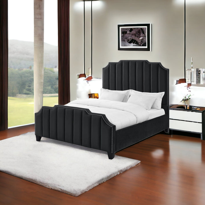 Navy Blue Solid Wood Queen Tufted Upholstered Velvet Bed with Nailhead Trim Image 2