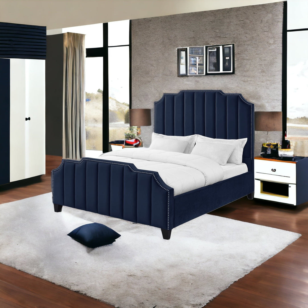 Navy Blue Solid Wood Queen Tufted Upholstered Velvet Bed with Nailhead Trim Image 3