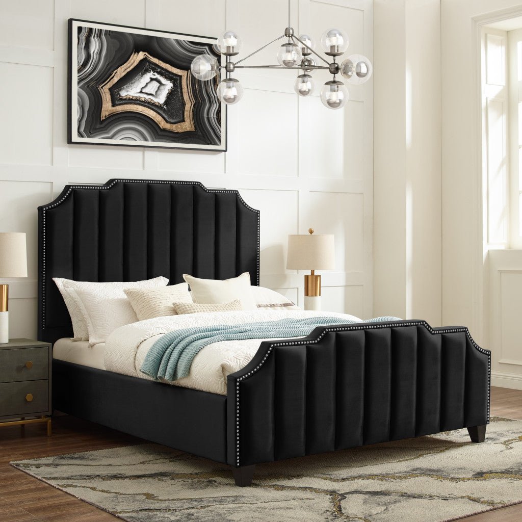 Navy Blue Solid Wood Queen Tufted Upholstered Velvet Bed with Nailhead Trim Image 5