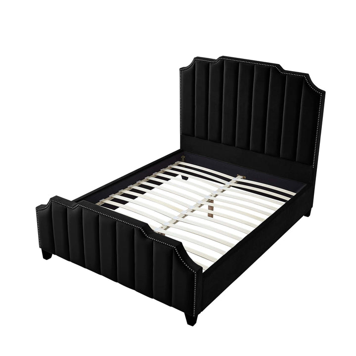 Navy Blue Solid Wood Queen Tufted Upholstered Velvet Bed with Nailhead Trim Image 7