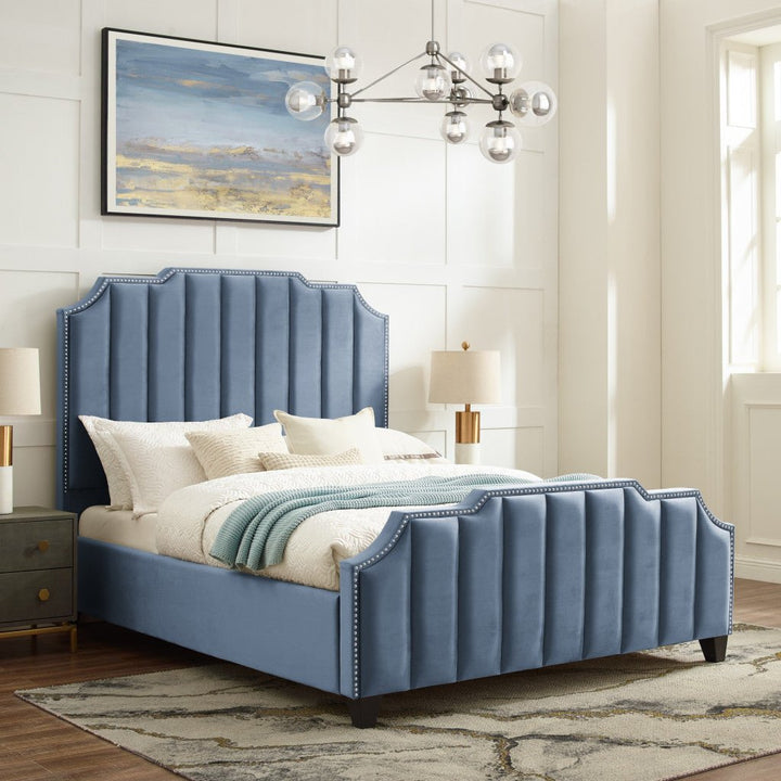 Navy Blue Solid Wood Queen Tufted Upholstered Velvet Bed with Nailhead Trim Image 10