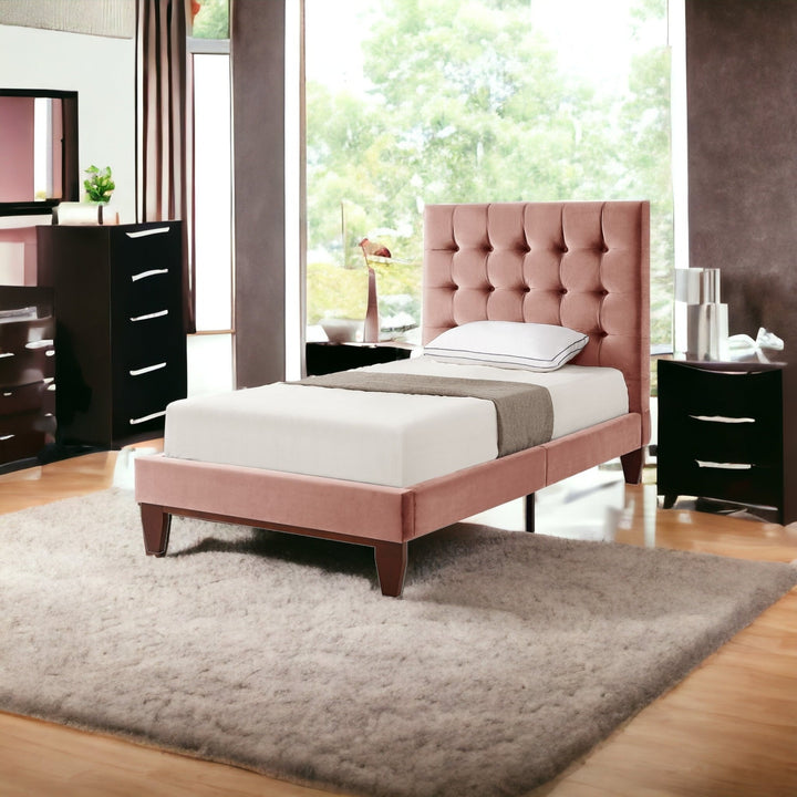 Blush Solid Wood Queen Tufted Upholstered Velvet Bed Image 3