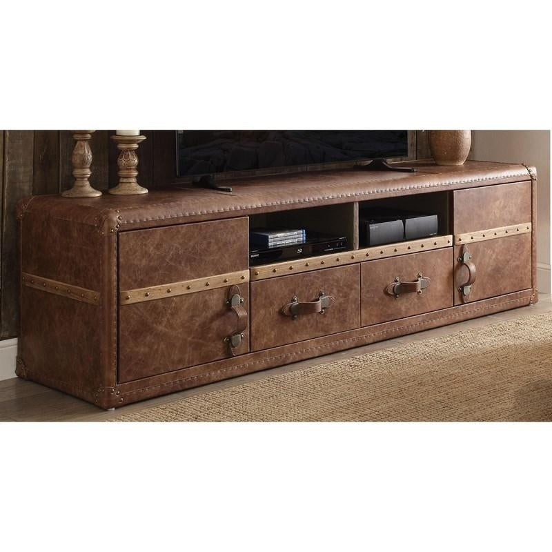 80" Brown Leather Cabinet Enclosed Storage TV Stand Image 1