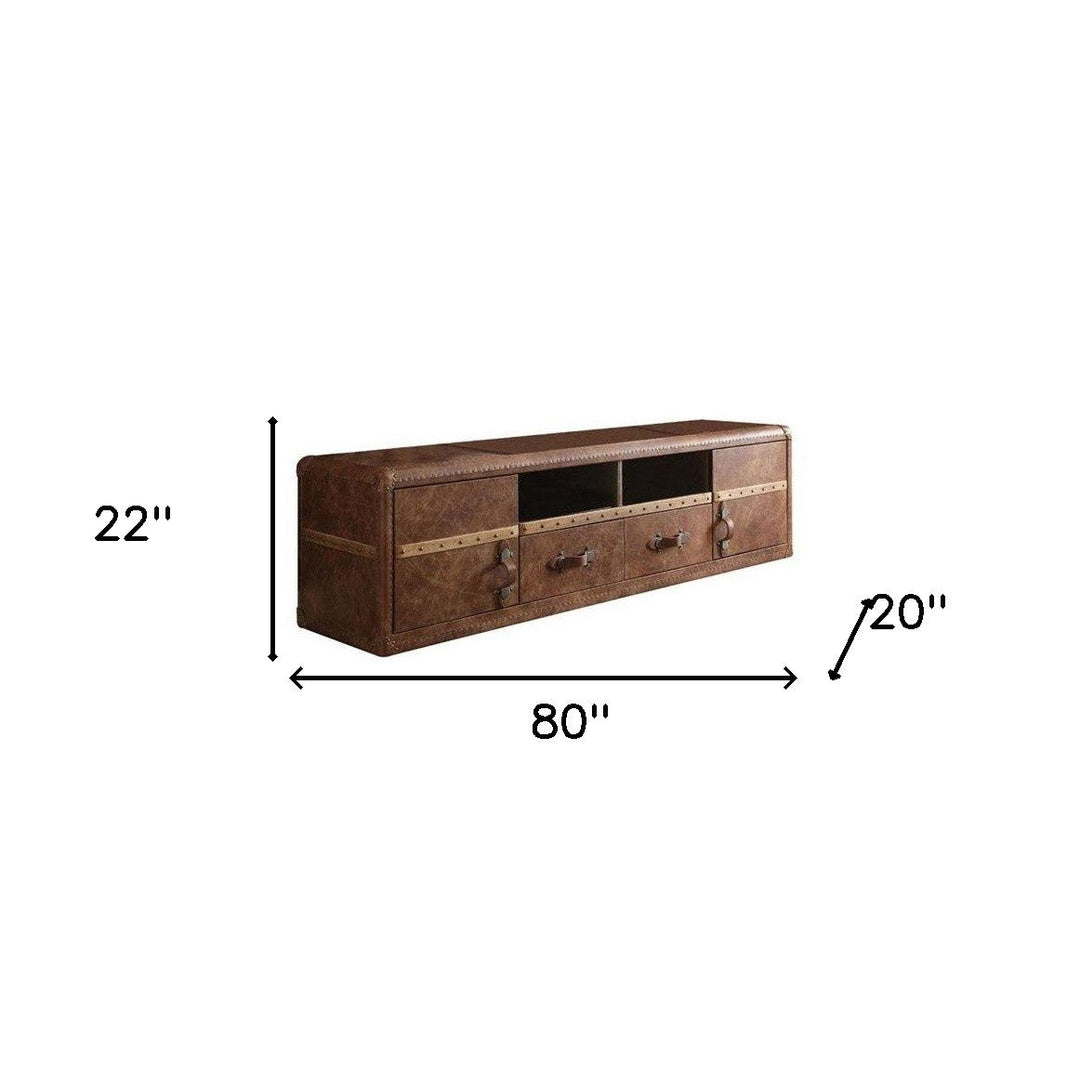 80" Brown Leather Cabinet Enclosed Storage TV Stand Image 2