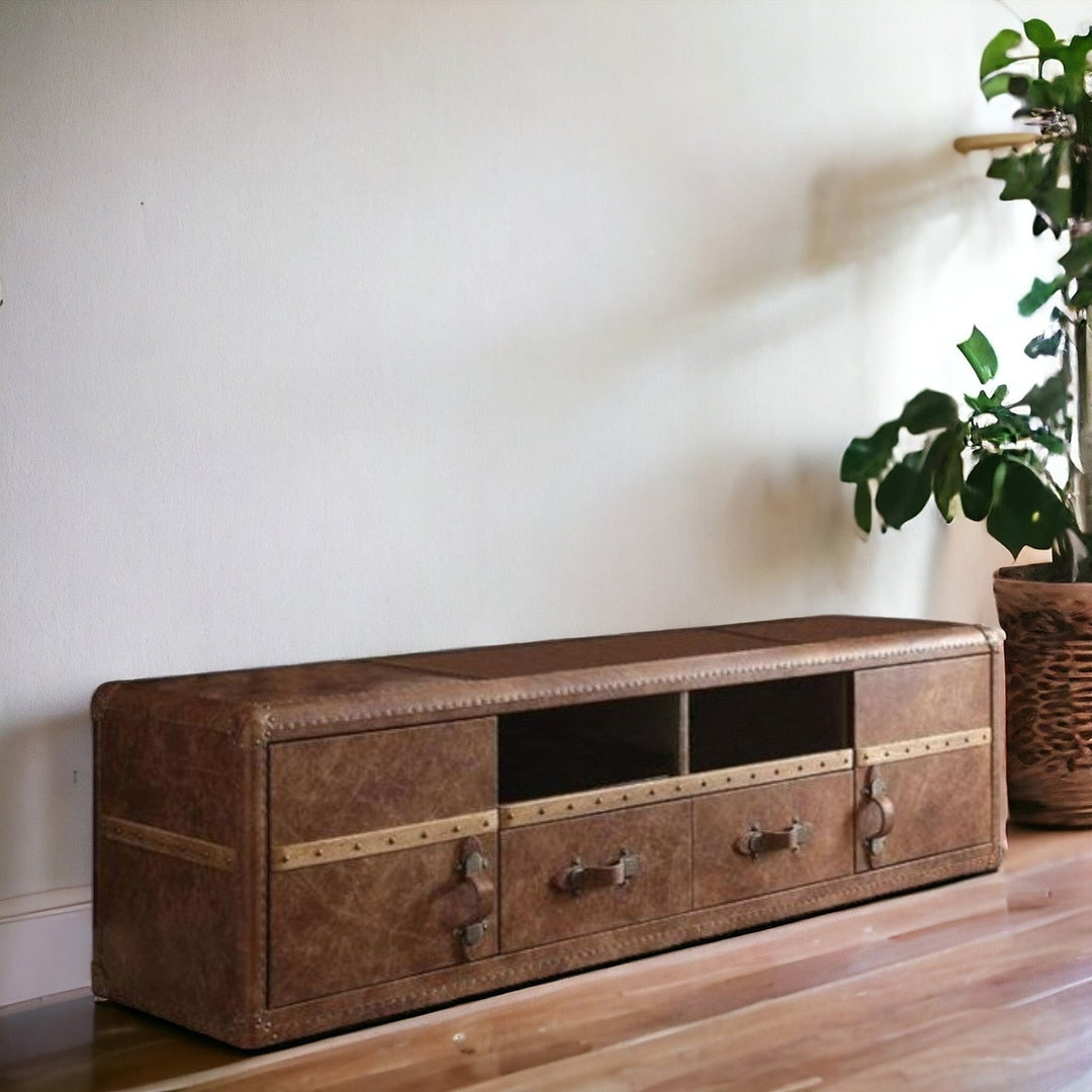 80" Brown Leather Cabinet Enclosed Storage TV Stand Image 5