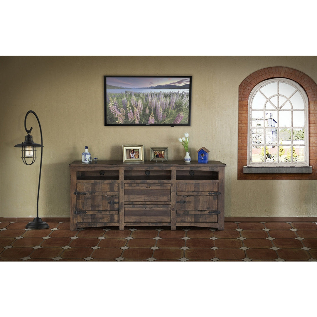 80" Brown Solid Wood Cabinet Enclosed Storage Distressed TV Stand Image 1