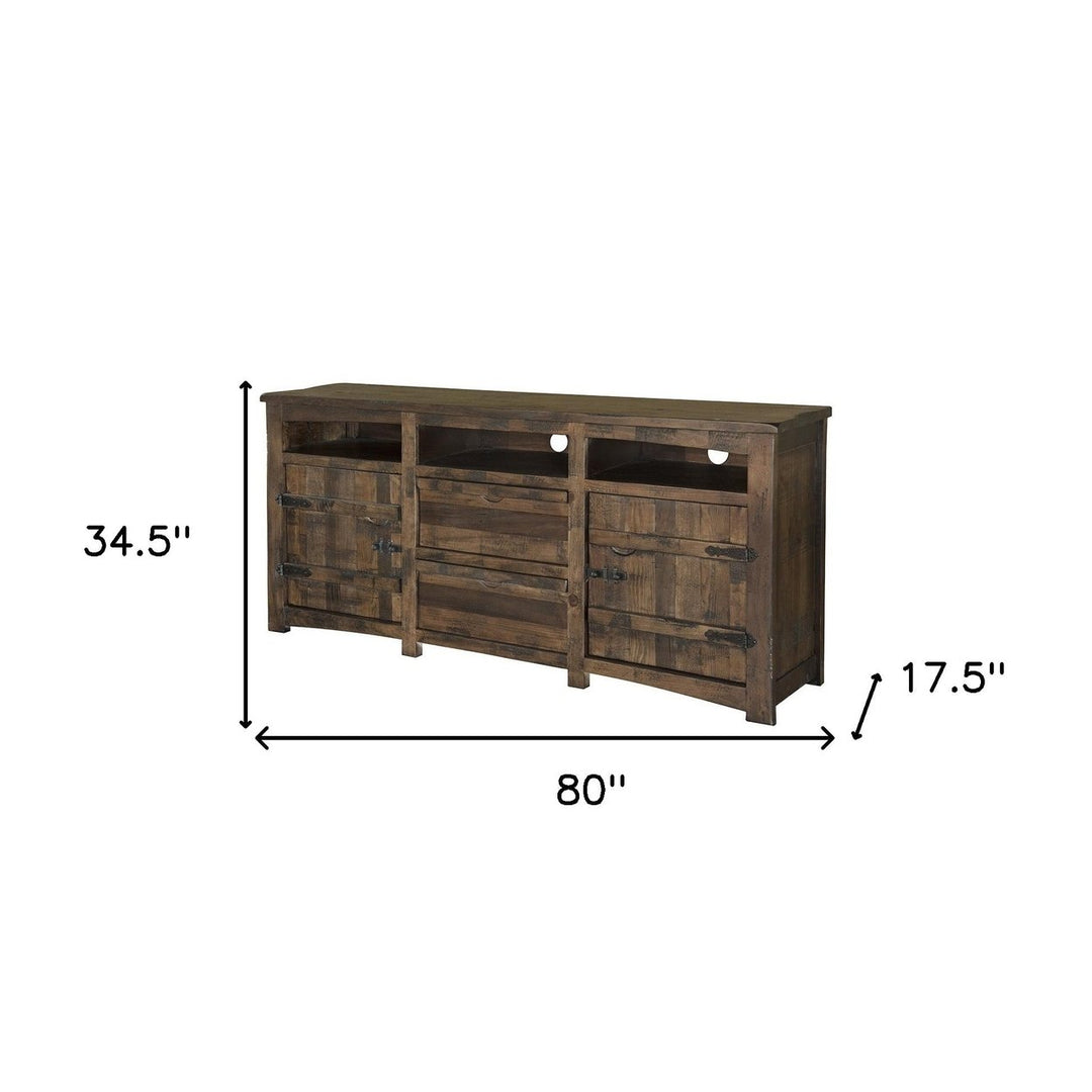 80" Brown Solid Wood Cabinet Enclosed Storage Distressed TV Stand Image 4