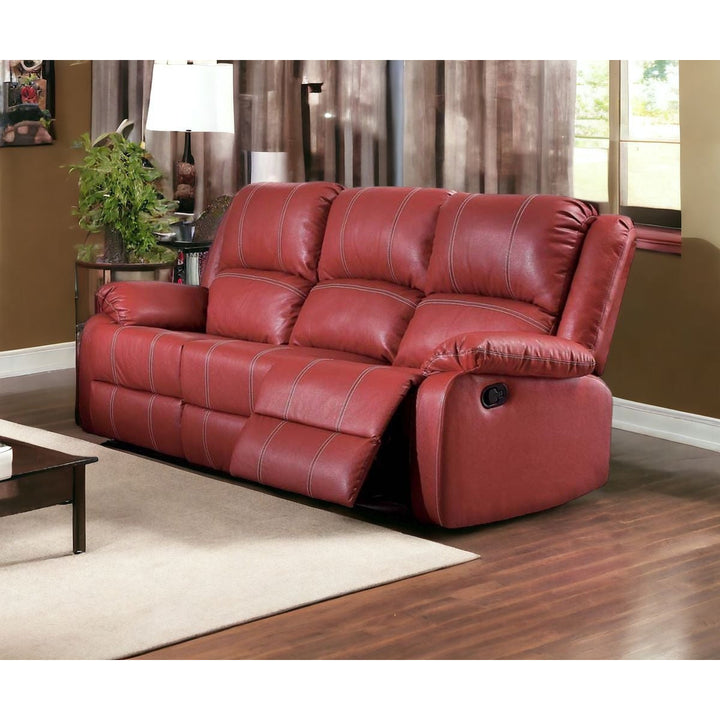 81" Red Faux Leather Reclining Sofa With Black Legs Image 2