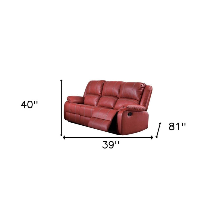 81" Red Faux Leather Reclining Sofa With Black Legs Image 4