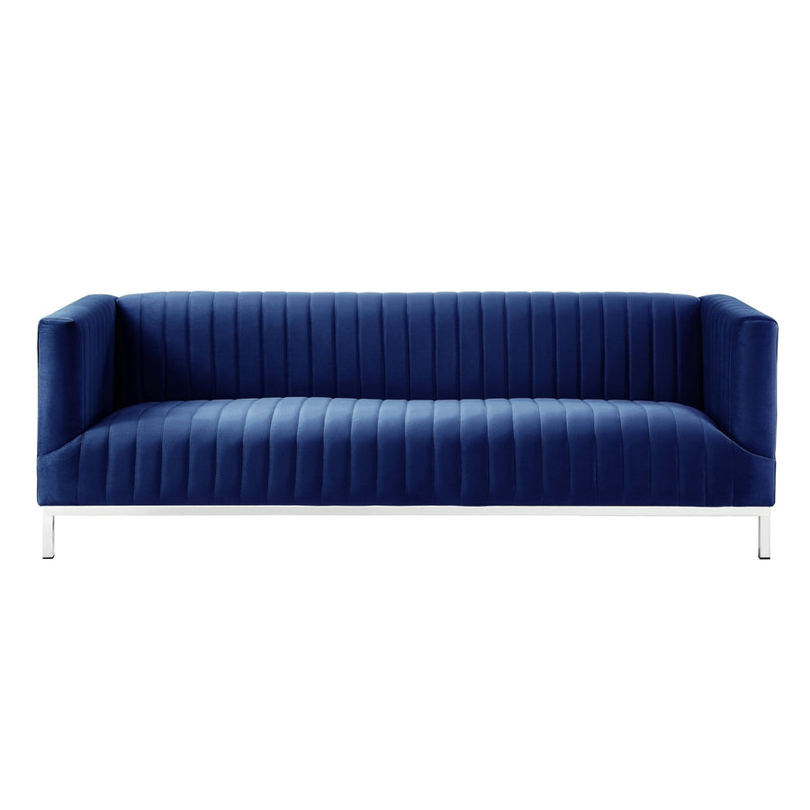 85" Navy Blue Velvet Sofa With Silver Legs Image 1