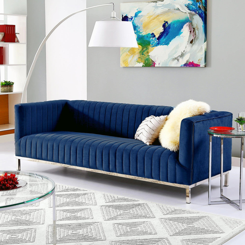 85" Navy Blue Velvet Sofa With Silver Legs Image 2