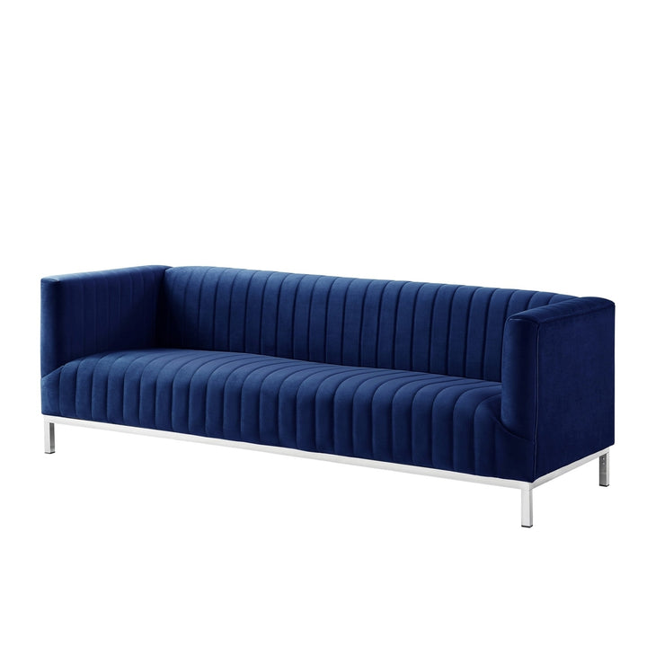 85" Navy Blue Velvet Sofa With Silver Legs Image 3