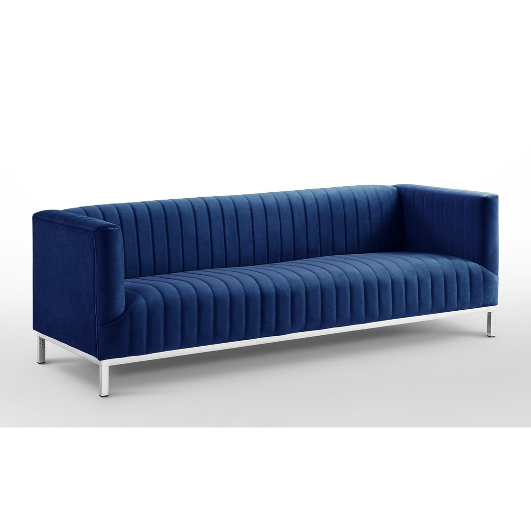 85" Navy Blue Velvet Sofa With Silver Legs Image 5