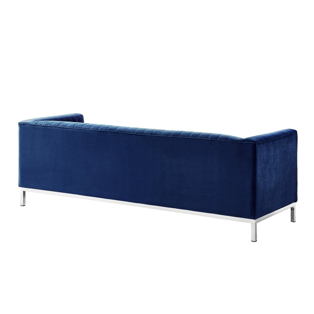 85" Navy Blue Velvet Sofa With Silver Legs Image 6