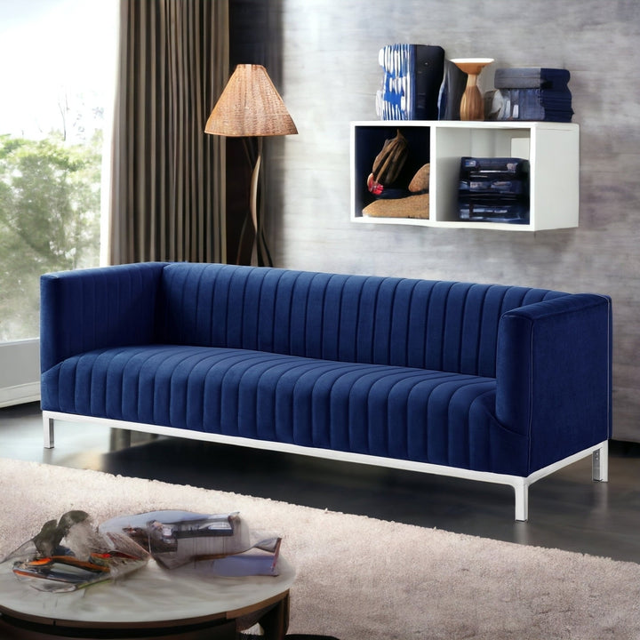 85" Navy Blue Velvet Sofa With Silver Legs Image 9