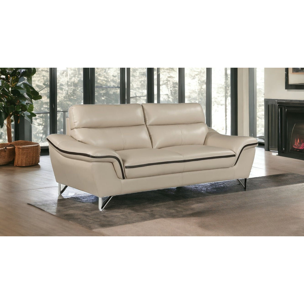 86" Beige And Silver Leather Sofa Image 2