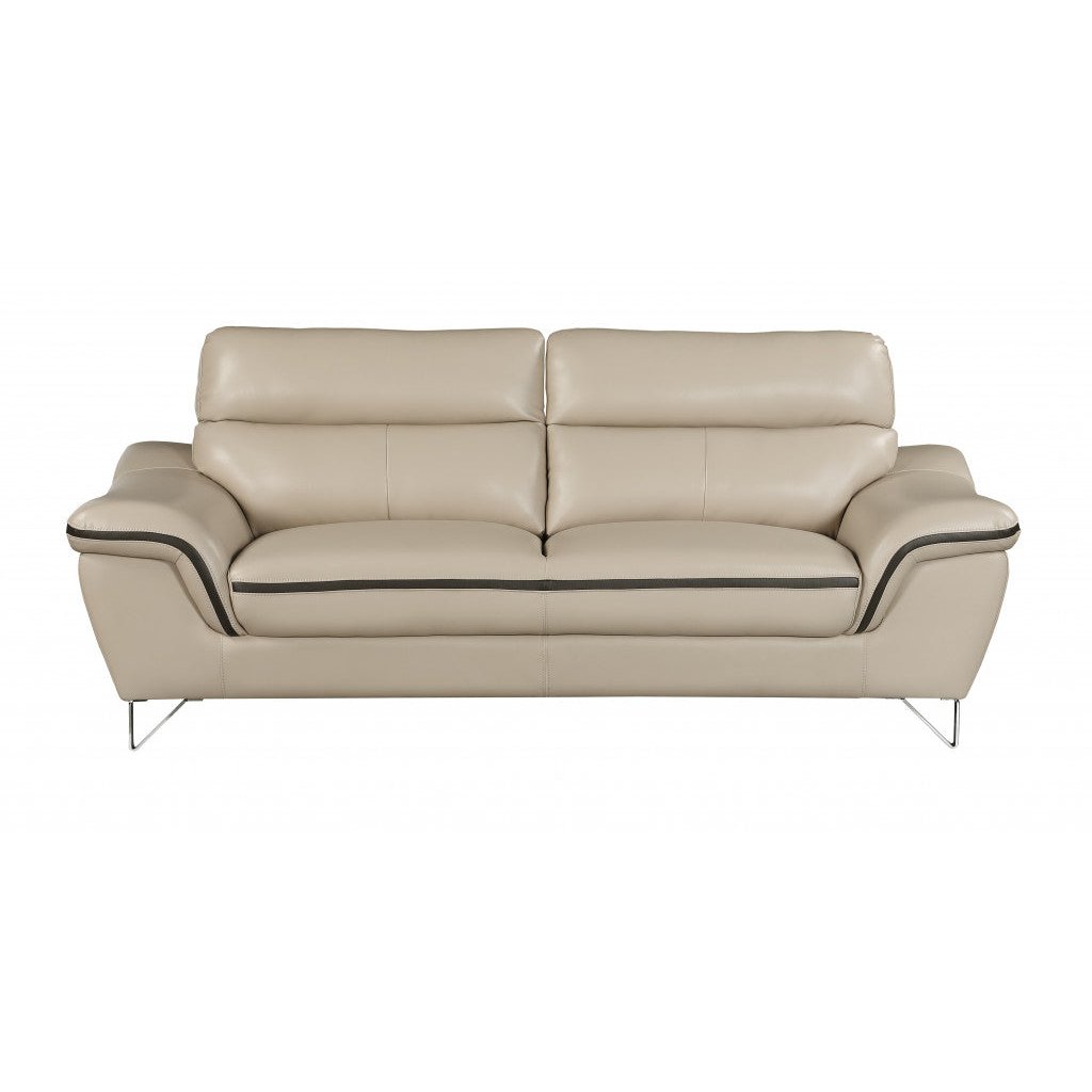 86" Beige And Silver Leather Sofa Image 3