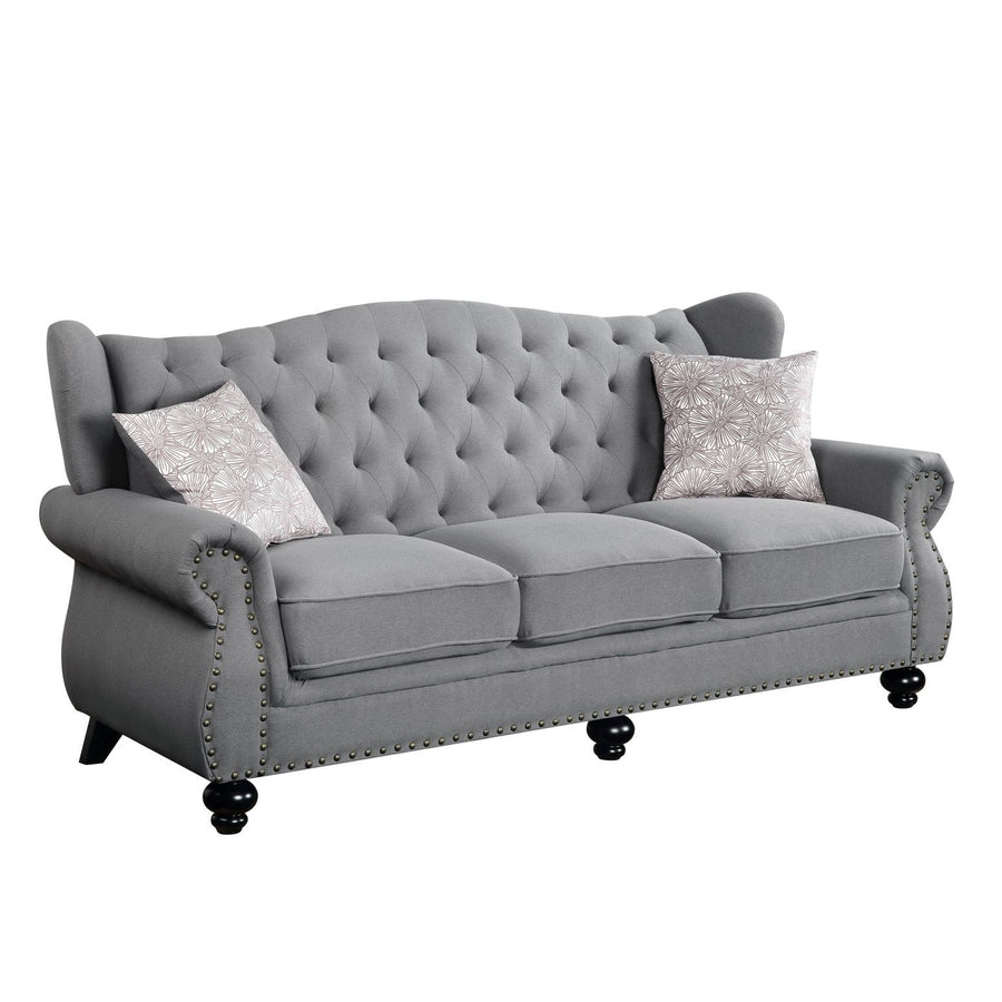 86" Gray Sofa And Toss Pillows With Black Legs Image 1