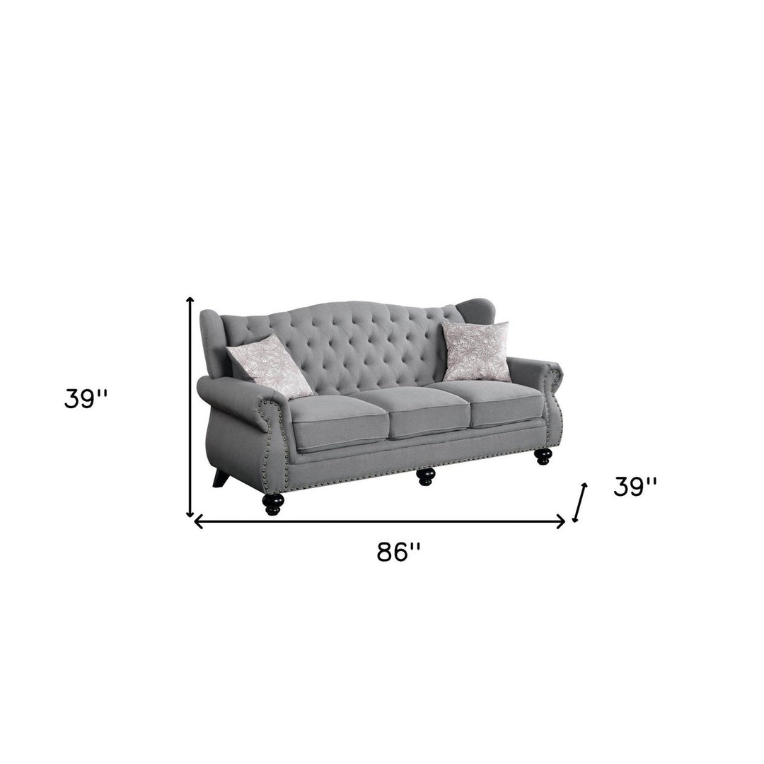 86" Gray Sofa And Toss Pillows With Black Legs Image 2