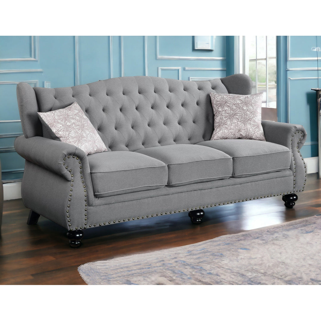 86" Gray Sofa And Toss Pillows With Black Legs Image 5