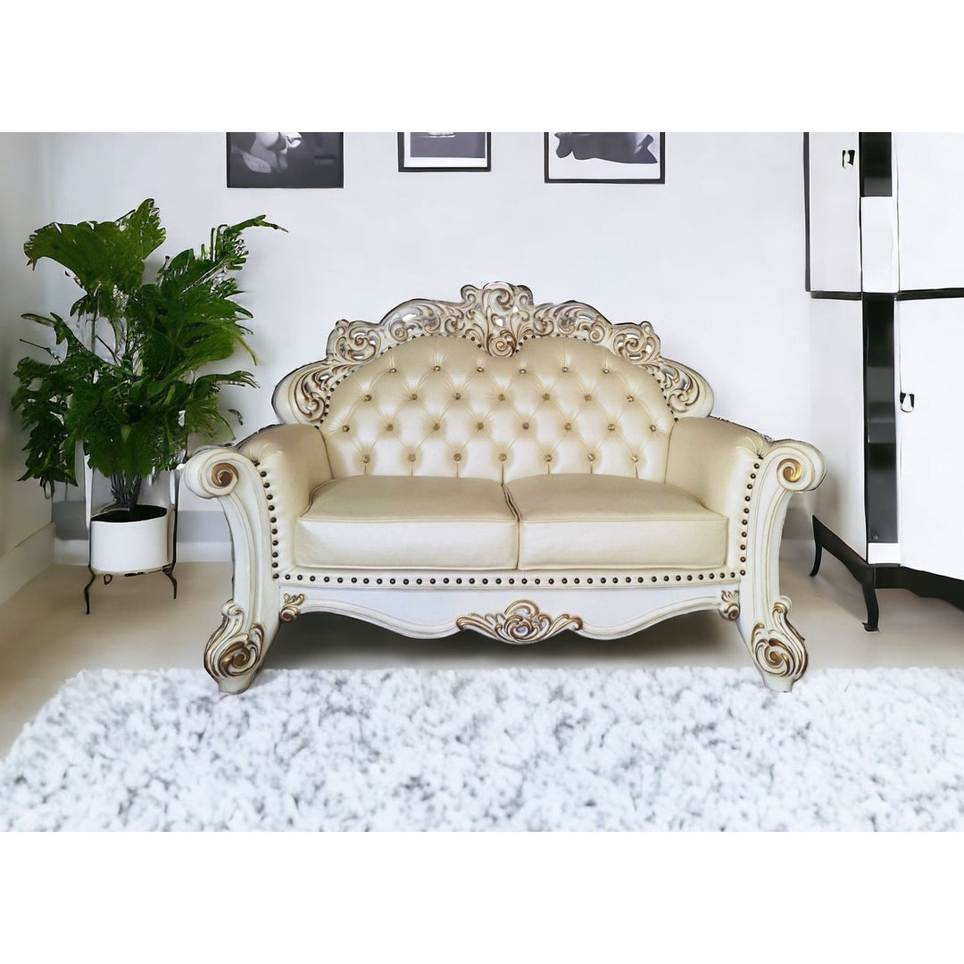 70" Champagne And Pearl Faux Leather Loveseat and Toss Pillows Image 4